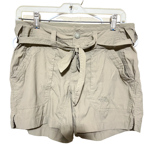 North Face Khaki Shorts Womens 4 Lightweight Tie Waist Belted Outdoors Hiking - Picture 1 of 6